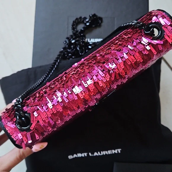 💖 YSL Saint Laurent Kate Pink Sequin Black Suede Crossbody Bag Matte Black HW - Picture 5 of 17